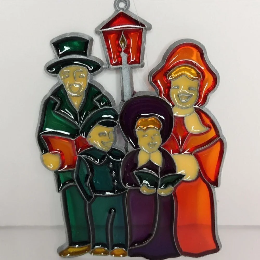 Vtg Set of 4 Faux Stained Glass Heavy Plastic Christmas Ornaments Sun Catchers